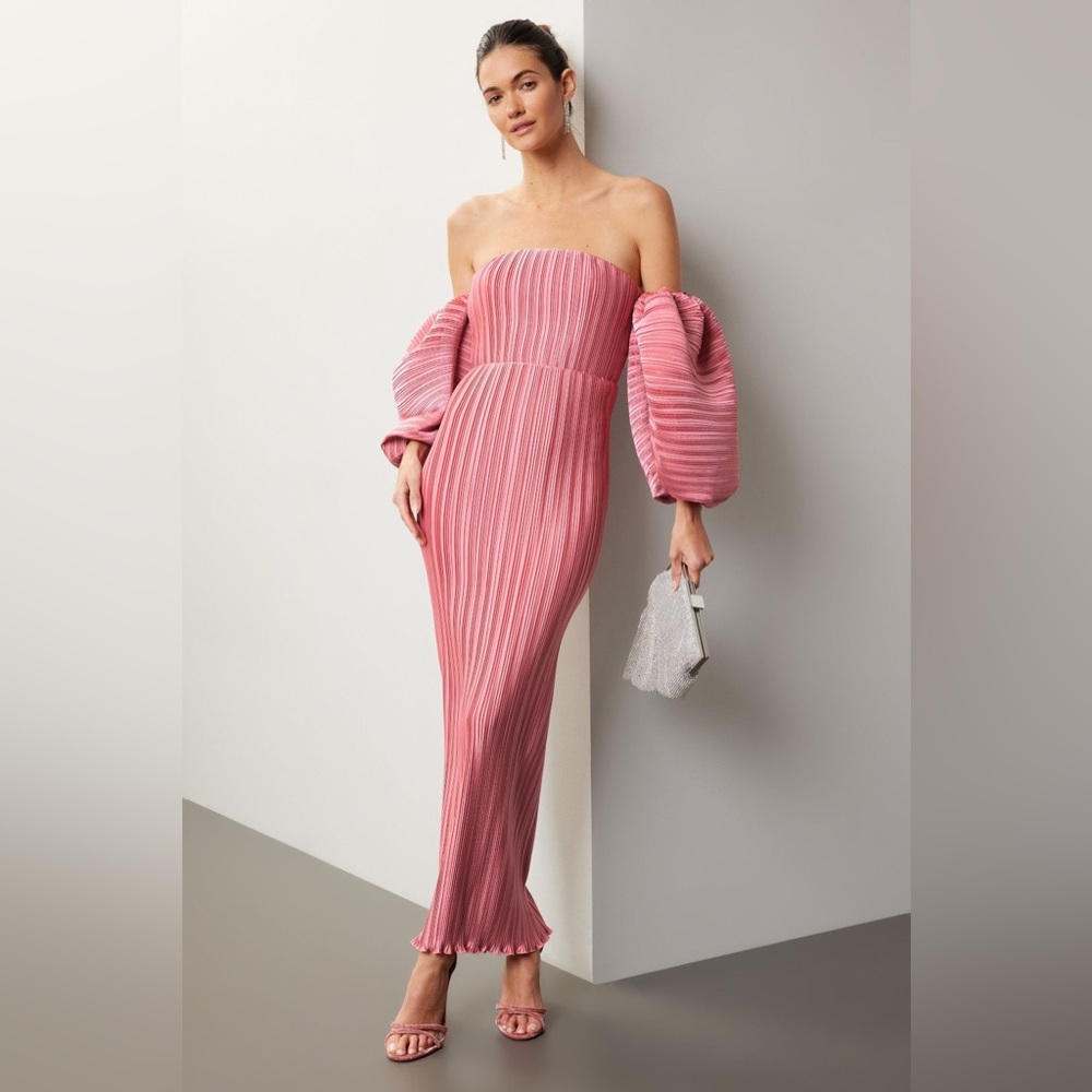Strapless Pink Pleated Midi Dress with Balloon Sleeves